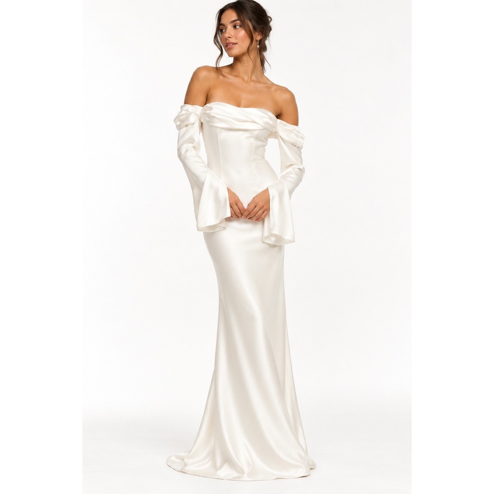 Meshki Giselle Off Shoulder Cowl Neck Maxi Dress White XL Satin Wedding Bridal